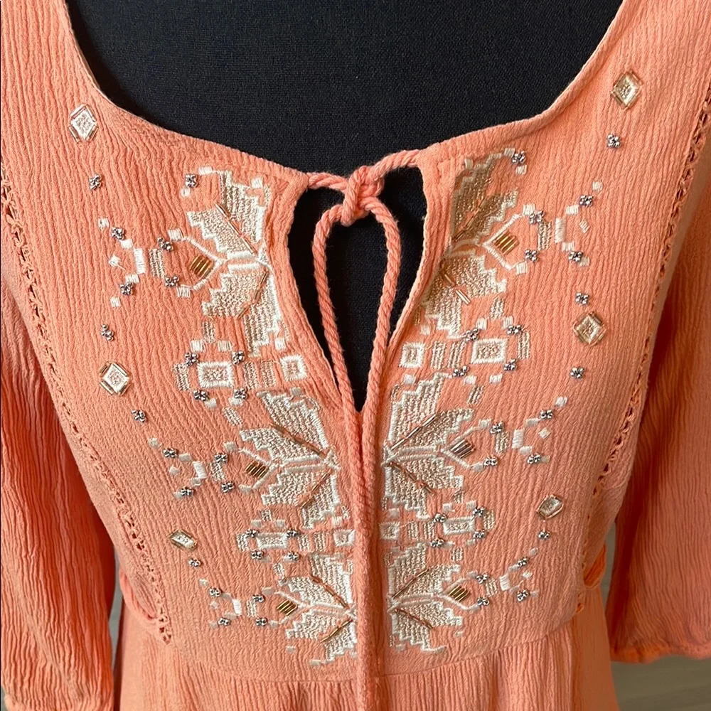 Miss Me Tiered Ruffle, Embroidered, Coral Mini Dress 3/4 Length Sleeves - Small - Picture 5 of 6